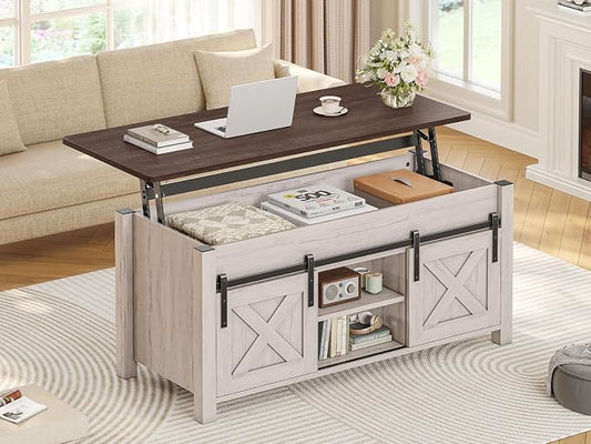 SEDETA Lift Top Coffee Table, Farmhouse Lift Tabletop Dining Table, Gas Spring, Hidden Compartment, Open Storage Shelf, for Living Room, Vintage White