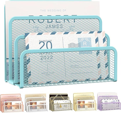 SUPEASY Mail Organizer for Desk, Mesh Metal Mail Holder Countertop with 3-Slot, Letter Sorter File Holder, Office Envelope Organizer for Mails (Blue)