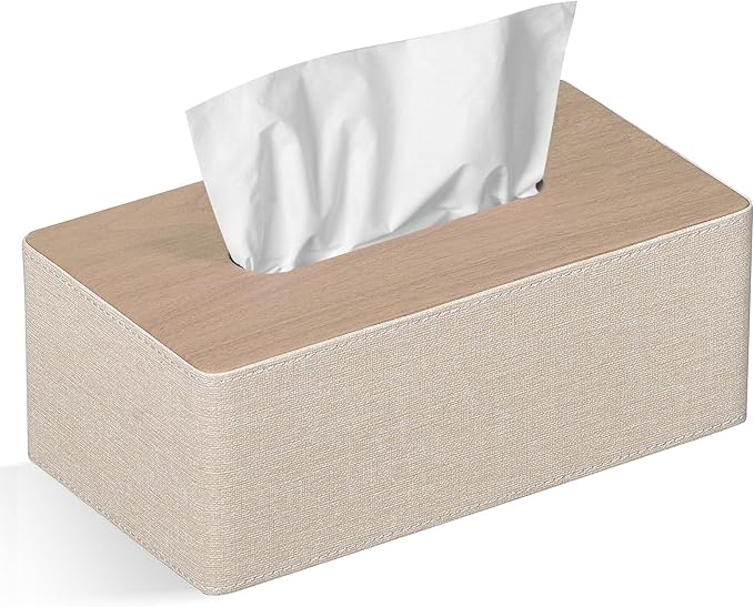 GOLRANLYE Tissue Box Cover Rectangular 9.8"(L) x 5.3"(W) x 4.3"(H) Refined Modern PU Leather Facial Tissue Dispenser Box Holder for Dresser Bathroom Decorative (Beige)