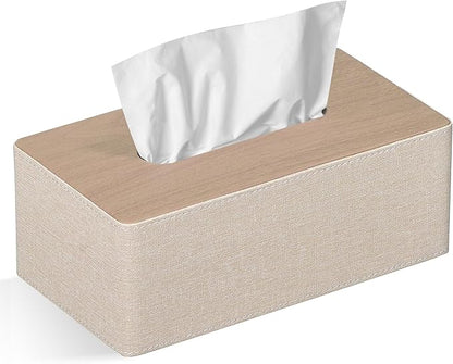 GOLRANLYE Tissue Box Cover Rectangular 9.8"(L) x 5.3"(W) x 4.3"(H) Refined Modern PU Leather Facial Tissue Dispenser Box Holder for Dresser Bathroom Decorative (Beige)