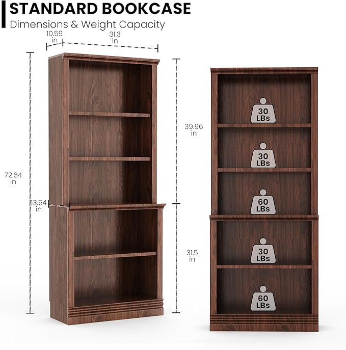 72 in Tall Bookcase, Dark Cherry 31.3 in Wide Floor Standing Bookshelf, 5 Tier Large Floor Standing Display Storage Shelves with Adjustable Shelves for Living Room Hallway Home Office Bedroom