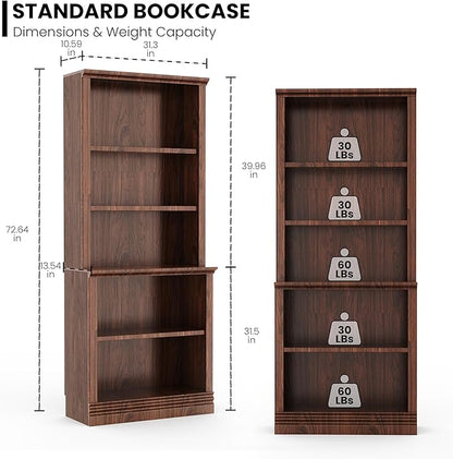 72 in Tall Bookcase, Dark Cherry 31.3 in Wide Floor Standing Bookshelf, 5 Tier Large Floor Standing Display Storage Shelves with Adjustable Shelves for Living Room Hallway Home Office Bedroom
