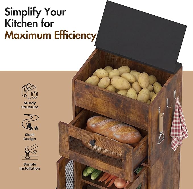 Potato and Onion Storage Bin with Lid, Large Potato Bin with Drawer, Multi-Compartment Wooden Fruit & Vegetable Cabinet with Mesh Doors, Rustic Kitchen Organizer for Pantry (16.9")