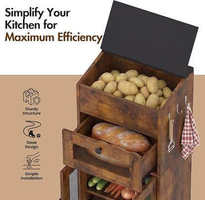 Potato and Onion Storage Bin with Lid, Large Potato Bin with Drawer, Multi-Compartment Wooden Fruit & Vegetable Cabinet with Mesh Doors, Rustic Kitchen Organizer for Pantry (16.9")