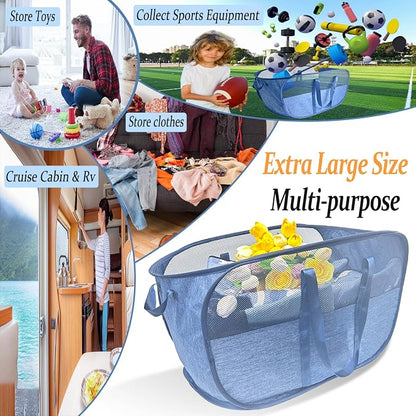 Extra Large Mesh Pop Up Laundry Hamper, 100L Collapsible Laundry Basket, Dirty Clothes Hamper with Reinforced Handles, Storage Bins for Shelves, Dorm or Home Portable Stair Laundry Basket. Blue