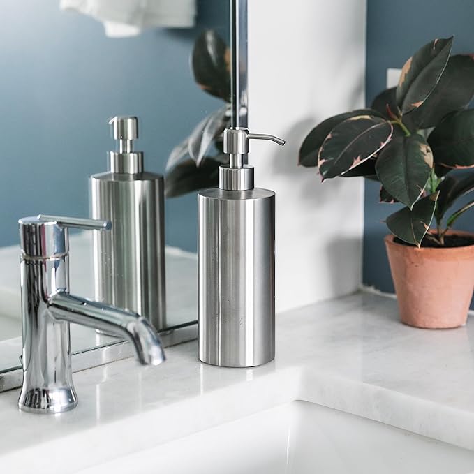 Silver Soap Dispenser for Kitchen & Bathroom – 15 oz Refillable Pump Bottle for Dish Soap, Hand Soap, Shampoo, Conditioner – Modern Countertop Dispenser with Non-Slip Protective Pads