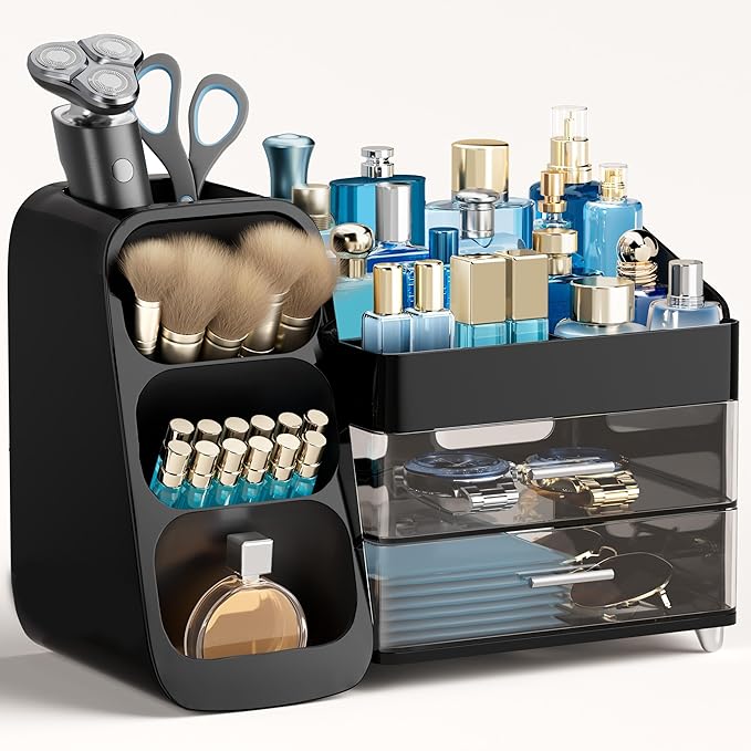 HBlife Cologne Organizer for Men Makeup Organizer with Brush Holder for Vanity, Large Plastic Bathroom Countertop Organizer Skin Care Storage, Fathers Day Gift for Dad Husband, Black