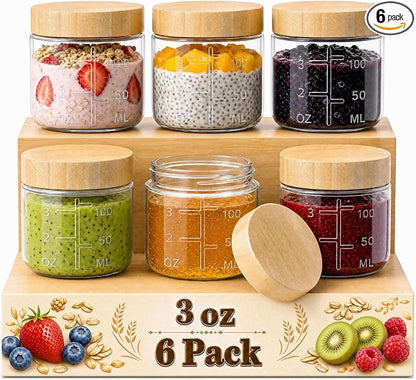 HomArtist 3oz Glass Salad Dressing Containers with Bamboo Lids - 6 Pack Small Airtight Condiment Cups, Mini Sauce Jars for Picnic, Ketchup, Dip & Snacks, Leakproof, BPA-Free & Dishwasher Safe
