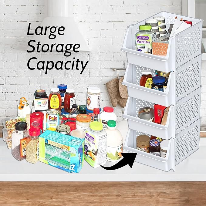 Skywin Stackable Storage Bins Open Front for Pantry Storage, 4 Pack - White | Sturdy Plastic, Easy Stacking, Open Front Access, Ventilated Sides, Vertical & Space Saving Pantry Organizers and Storage Bin
