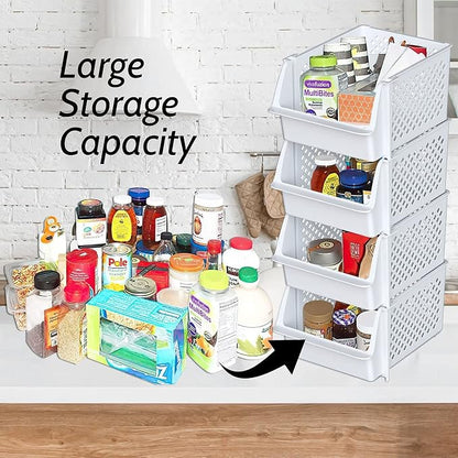 Skywin Stackable Storage Bins Open Front for Pantry Storage, 4 Pack - White | Sturdy Plastic, Easy Stacking, Open Front Access, Ventilated Sides, Vertical & Space Saving Pantry Organizers and Storage Bin