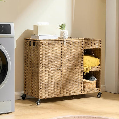 Laundry Hamper with Wheels, 42.3 Gal.(160 L) Laundry Sorter with Shelves, Rattan Clothes Hamper with 4 Removable Liners & 3 Mesh Bags, Handwoven Organizer for bedroom, bathroom, laundry room, Natural