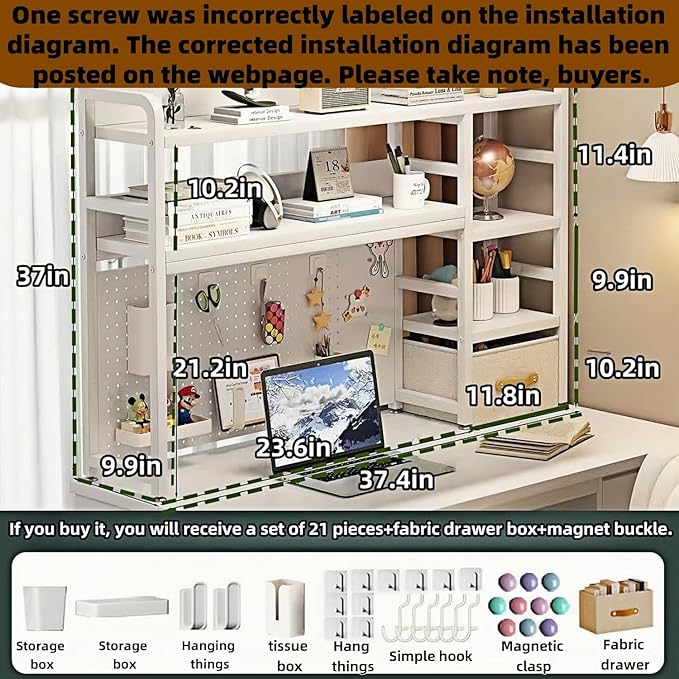 Desktop Bookshelf, pegboard Storage and Organization Rack, Dorm Desk Shelf, Desk Hutch, Desktop Storage for Office, Study, Student Display Rack,Desktop Shelves (White 37.4" Lx9.9 Wx37 H)