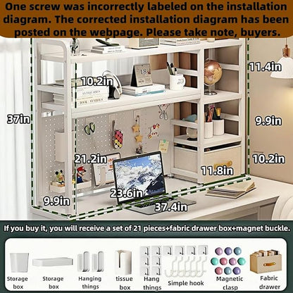 Desktop Bookshelf, pegboard Storage and Organization Rack, Dorm Desk Shelf, Desk Hutch, Desktop Storage for Office, Study, Student Display Rack,Desktop Shelves (White 37.4" Lx9.9 Wx37 H)