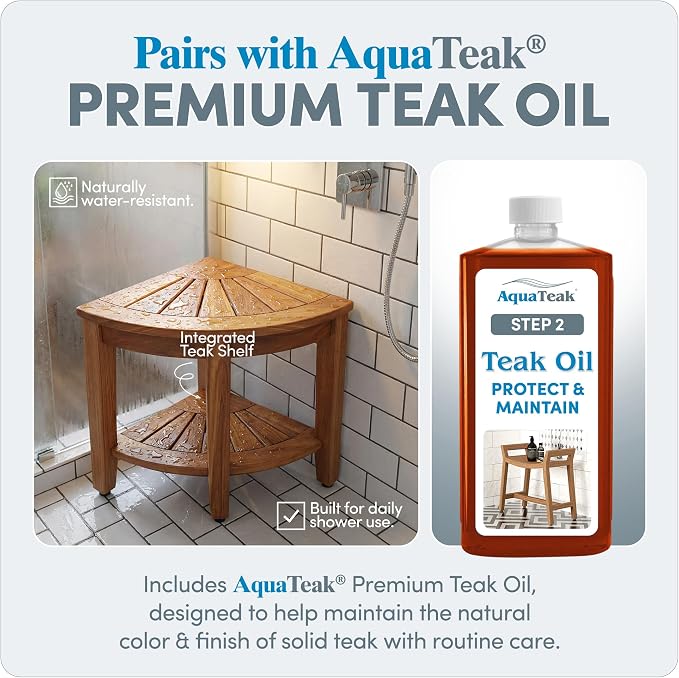 AquaTeak The Original 15.5" Kai Corner Teak Shower Bench - Shower Stool with Storage Shelf & Premium Teak Oil - Durable Water Resistant Shower Chair - Shaving Foot Rest - Indoor & Outdoor Use