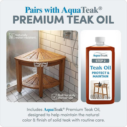 AquaTeak The Original 15.5" Kai Corner Teak Shower Bench - Shower Stool with Storage Shelf & Premium Teak Oil - Durable Water Resistant Shower Chair - Shaving Foot Rest - Indoor & Outdoor Use