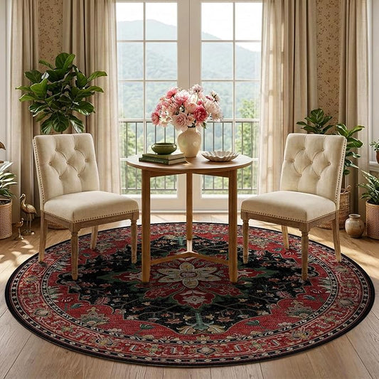 RELEANY Area Rugs Round 5ft Washable Non-Slip, Floral Vintage Distress Medallion Carpet for Living Room Bedroom Dining Room, Red Black