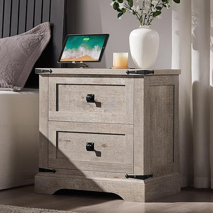 T4TREAM 24" Farmhouse Nightstand with Charging Station Set of 2, Large End Table with 2 Storage Drawers, Rustic Wood Sofa Bedside Table for Bedroom, Light Rustic Oak
