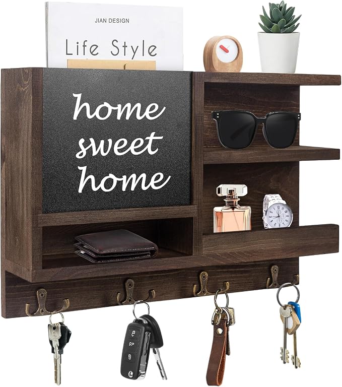 WEWEOW Key Holder for Wall, Mail Organizer Wall Mount with Key Hooks and Chalkboard & Mirror for Sunglasses Storage and Dog Leash Hanger, Decorative with 4 Double Hooks