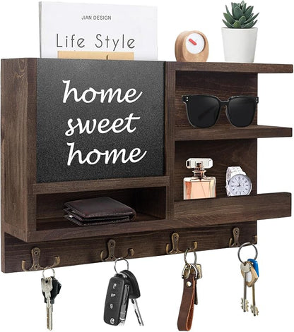 WEWEOW Key Holder for Wall, Mail Organizer Wall Mount with Key Hooks and Chalkboard & Mirror for Sunglasses Storage and Dog Leash Hanger, Decorative with 4 Double Hooks