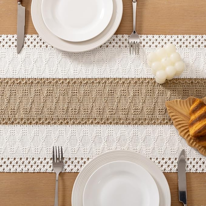 Socomi Boho Table Runner Valentine's Day Farmhouse Rustic Dining Kitchen Centerpiece Decor Small Macrame Woven Cotton Linen Coffee Table Runner for Dresser Scarf Home Decor 12x60 inch