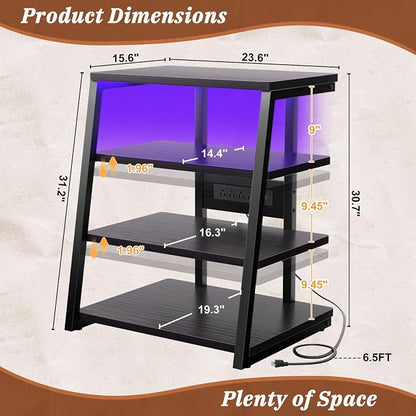 Armocity 4-Tier AV Media Stand with Power Strips, Stereo Stand with LED Lights, Rack Audio Tower with Adjustable Shelves, Small Entertainment Center, 30'', Black Ebony