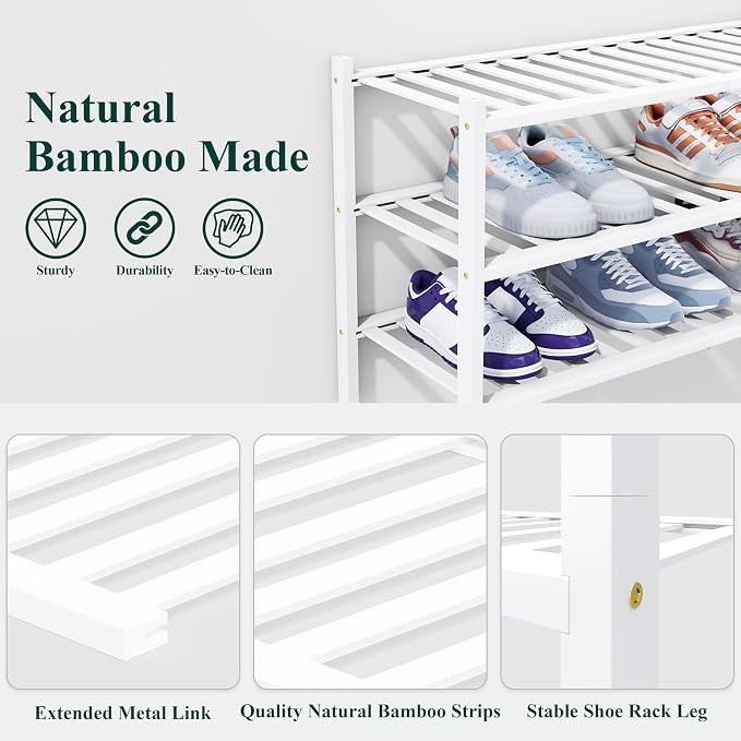 Smiry Bamboo Shoe Rack, 4 Tier Free Standing Wooden Shoe Organizer, Stackable Wood Shoe Storage Shelf for Closet, Entryway, 14 Vertical Slats, 2+2 Stack Heavy-Duty Legs, 26.8"x11"x26", White