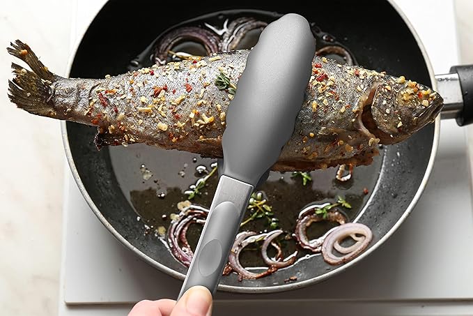 2 Pack Silicone Kitchen Tongs – 9" & 12" Set, Heat Resistant up to 500°F, Non‑Stick Cookware Safe, Wavy Silicone Tips, BPA Free, Locking Clip & Hanging Loop, Grey