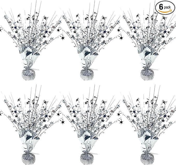 6 Pack Metallic Foil Spray Centerpiece Star Table Decoration Burst Glitter Tabletop Centerpieces for Birthday Christmas New Years Nye Wedding Graduation Holiday Party Supplies Decor, Silver