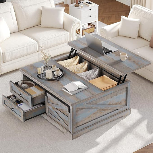 Itaar 39.4'' Lift Top Coffee Table with Storage, Farmhouse Coffee Tables for Living Room, Square Coffee Table with Large Hodden Compartment & 2 Drawrs & Adjustables Shelves (Blue)