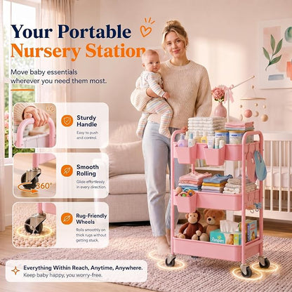 3 Tier Rolling Cart Metal with Lockable Wheels, Pink Three Tiered Diaper Caddy Cart Organizer on Wheels, Storage Utility Trolley Carts for Craft, Art, Nail, Lash, Baby Supplies, Cleaning, Mesh