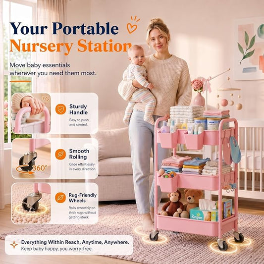 3 Tier Rolling Cart Metal with Lockable Wheels, Pink Three Tiered Diaper Caddy Cart Organizer on Wheels, Storage Utility Trolley Carts for Craft, Art, Nail, Lash, Baby Supplies, Cleaning, Mesh