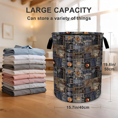 Denim Pattern Laundry Basket Waterproof Laundry Hamper Foldable Laundry Bag with Handles for Bedroom, Bathroom, Office, Clothes Storage