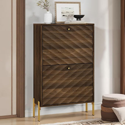 Smuxee Walnut Shoe Cabinet with 2 Flip Drawers, 23.6" Hidden Shoe Storage Cabinet with Golden Metal Feet, Freestanding Shoe Organizer Cabinet for Entryway, Hallway, Living Room