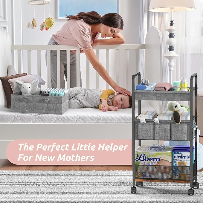 LIDTOP 2In1 Baby Diaper Caddy & 3-Tier Rolling Diaper Cart, Diaper Caddy Organizer Cart with Dividers, Mobile Metal Utility Cart for Nursery Essentials, Detachable Bedside Cart, Large Capacity