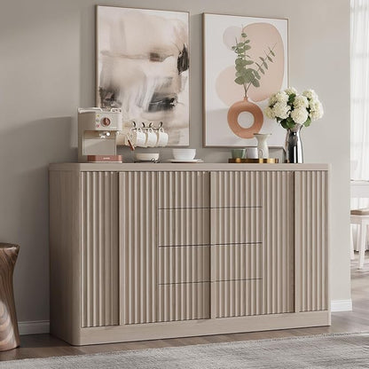 Buffet Cabinet with Storage, 60" Fluted Sideboard with 4 Drawers & 2 Door–Modern Accent Buffet Cabinet with Adjustable Shelves, Credenza Storage Cabinet for Kitchen Living Room, White Alder(1PC)