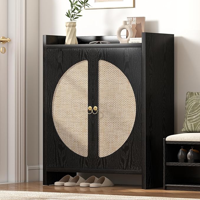 Shoe Cabinet Storage for Entryway - Rattan Entry Way Shoe Storage Cabinet with Adjustable Shelves, Wood Shoe Organizer Cabinet, Accent Cabinet with Doors for Entrance Hallway Living Room Foyer