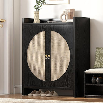 Shoe Cabinet Storage for Entryway - Rattan Entry Way Shoe Storage Cabinet with Adjustable Shelves, Wood Shoe Organizer Cabinet, Accent Cabinet with Doors for Entrance Hallway Living Room Foyer