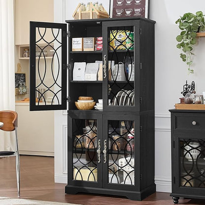 67" Tall Pantry Cabinet Set of 3, Vintage Kitchen Pantries Cabinets with Glass Doors & Adjustable Shelves, Wood Cupboard with Large Storage for Dingning Room, Bathroom, Black