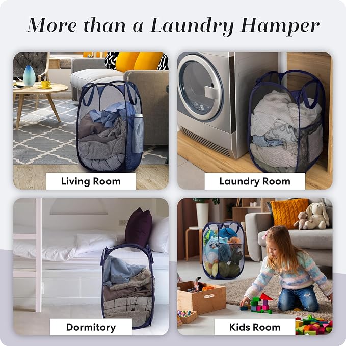 Handy Laundry Collapsible Mesh Foldable Hamper 14" x 14' x 24" Navy Blue