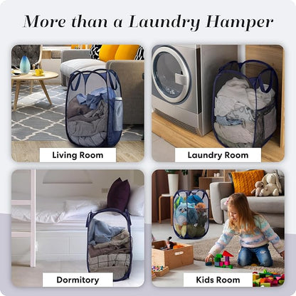 Handy Laundry Collapsible Mesh Pop Up Laundry Hamper 2-Pack – Large Foldable Laundry Basket with Side Pocket, Breathable & Durable, Space-Saving for Clothes, Toys, Travel, Dorm, Bedroom, Blue
