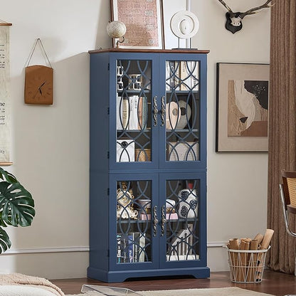 67" Tall Pantry Cabinet Set of 2, Vintage Kitchen Pantries Cabinets with Glass Doors & Adjustable Shelves, Wood Cupboard with Large Storage for Dingning Room, Bathroom, Navy Blue
