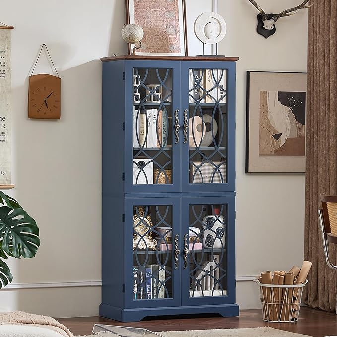 67" Tall Pantry Cabinet, Vintage Kitchen Pantries Cabinets with Glass Doors & Adjustable Shelves, Freestanding Wood Cupboard with Large Storage for Dingning Room, Bathroom, Navy Blue