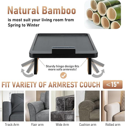 SINWANT Large Couch Armrest Table, 15.75"x 11.8" Bamboo Couch Arm Table with 360° Rotating Phone Holder,Foldable Anti-Slip Sofa Arm Tray for Snacks,Drinks,Remotes on Wide Armrest