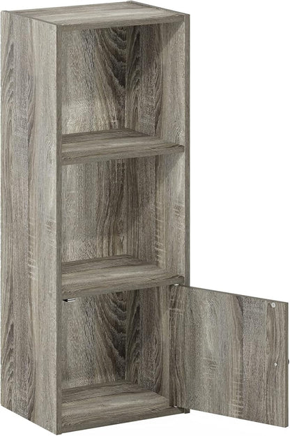 Furinno LUDER Book Shelf, 3-Tier Modern Bookshelf, Bookcase with 1 Door Storage Cabinet, 9.3 x 12 x 31.5, for Living Room, Bedroom, Home Office, French Oak