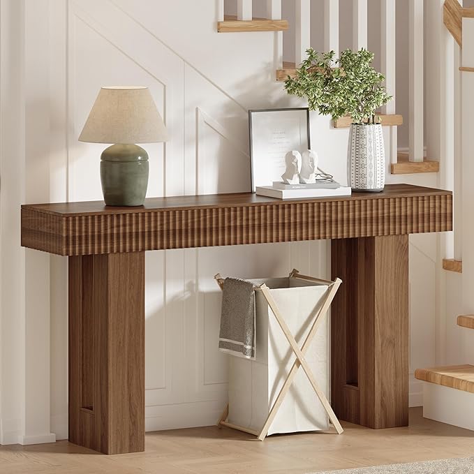 63-Inch Long Entryway Console Table with a Fluted Design, Thick Wood Farmhouse Sofa Table Behind Couch, Narrow Hallway Accent Table for Living Room, Foyer, Entrance,Modern Walnut
