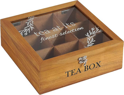 Wooden Tea Box, DecorativeTea Box Organizer,Teas Organizers and Storage,Tea Holder Organizer with 9 Compartments Clear Lid for Home Gifts & Tea Parties