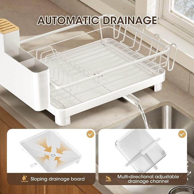 Runnatal Dish Drying Rack, Stainless Steel Dish Rack with Drainboard for Kitchen Counter and Sink, Detachable 2-in-1 Utensil Holder, Cup Holder, Large Capacity Dish Drainer, White