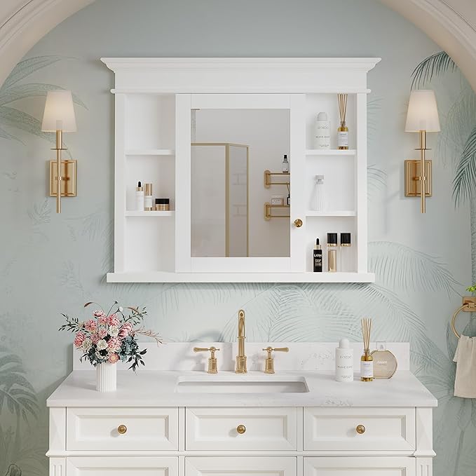 WELLFOR40 x 32" Bathroom Medicine Cabinet with 3-Tier Adjustable Shelves, Recessed Solid Wood Medicine Cabinet with Mirrors, Wood Miiror Cabinet with 1 Soft-Close Door and Open/Built-in 7 Shelves