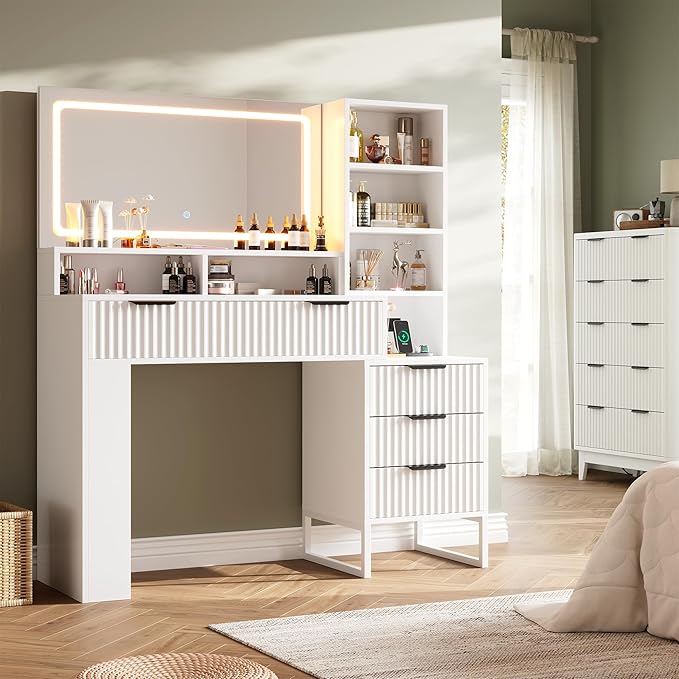HAIOOU Makeup Vanity Desk with Mirror and Lights, 47.3''x 15.8''x 52'' White Fluted Vanity Desk with Charging Station, Glass Top Vanity Table with 4 Drawers & 3 Open Storage Shelves for Bedroom