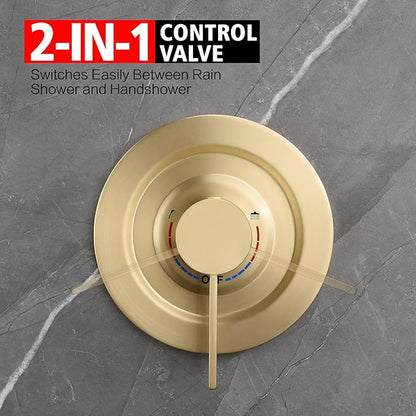 sumerain Brushed Gold 9 inch Rain Shower System with Filtered Handheld Shower Head for Hard Water, Rough-In Valve Included